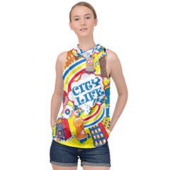 Colorful City Life Horizontal Seamless Pattern Urban City High Neck Satin Top by Simbadda