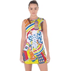 Colorful City Life Horizontal Seamless Pattern Urban City Lace Up Front Bodycon Dress by Simbadda