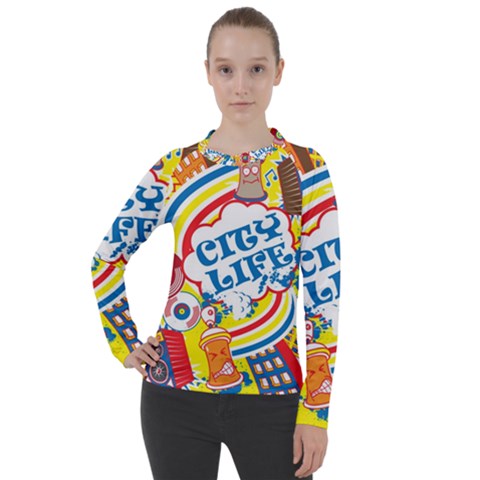 Colorful City Life Horizontal Seamless Pattern Urban City Women s Pique Long Sleeve Tee by Simbadda