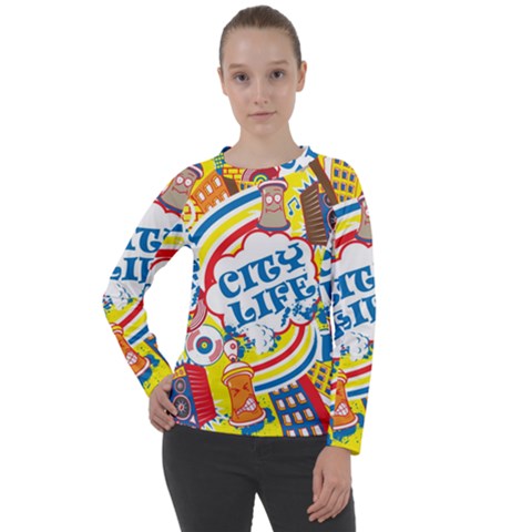 Colorful City Life Horizontal Seamless Pattern Urban City Women s Long Sleeve Raglan Tee by Simbadda