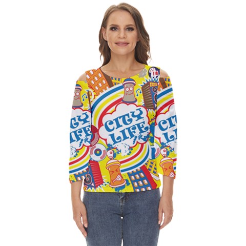 Colorful City Life Horizontal Seamless Pattern Urban City Cut Out Wide Sleeve Top by Simbadda