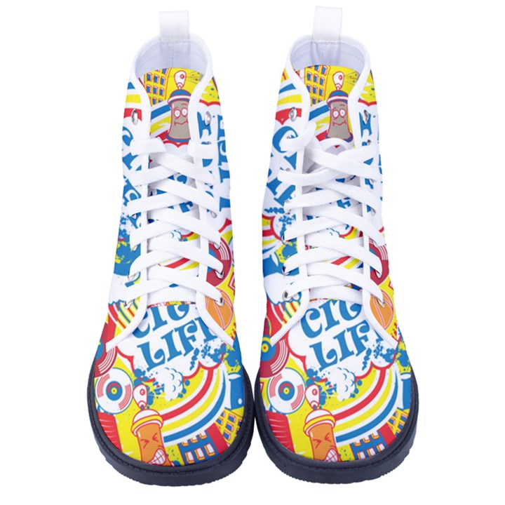 Colorful City Life Horizontal Seamless Pattern Urban City Men s High-Top Canvas Sneakers