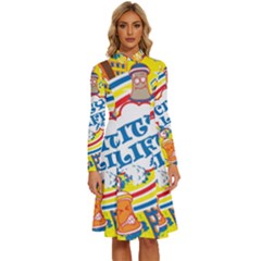 Colorful City Life Horizontal Seamless Pattern Urban City Long Sleeve Shirt Collar A-line Dress by Simbadda