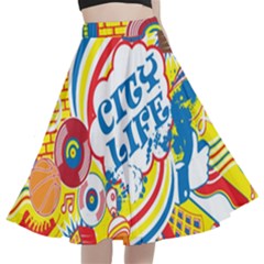 Colorful City Life Horizontal Seamless Pattern Urban City A-line Full Circle Midi Skirt With Pocket by Simbadda