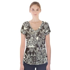 Four Hand Drawn City Patterns Short Sleeve Front Detail Top by Simbadda