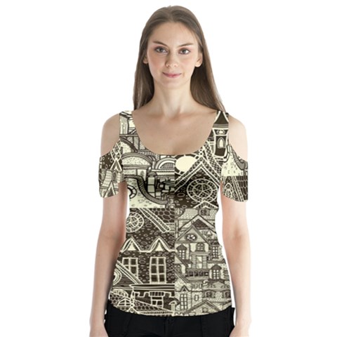 Four Hand Drawn City Patterns Butterfly Sleeve Cutout Tee  by Simbadda