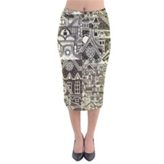 Four Hand Drawn City Patterns Velvet Midi Pencil Skirt by Simbadda