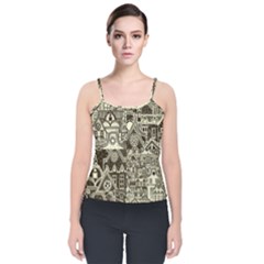 Four Hand Drawn City Patterns Velvet Spaghetti Strap Top by Simbadda