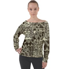 Four Hand Drawn City Patterns Off Shoulder Long Sleeve Velour Top by Simbadda