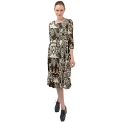 Four Hand Drawn City Patterns Ruffle End Midi Chiffon Dress by Simbadda