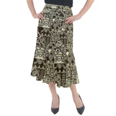 Four Hand Drawn City Patterns Midi Mermaid Skirt by Simbadda