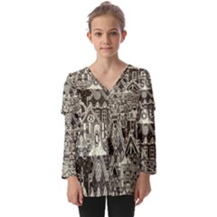 Four Hand Drawn City Patterns Kids  V Neck Casual Top by Simbadda