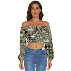 Four Hand Drawn City Patterns Long Sleeve Crinkled Weave Crop Top by Simbadda