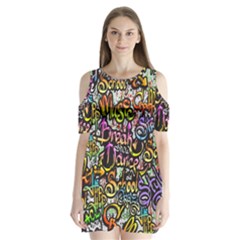 Graffiti Word Seamless Pattern Shoulder Cutout Velvet One Piece