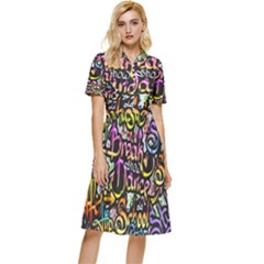 Graffiti Word Seamless Pattern Button Top Knee Length Dress by Simbadda