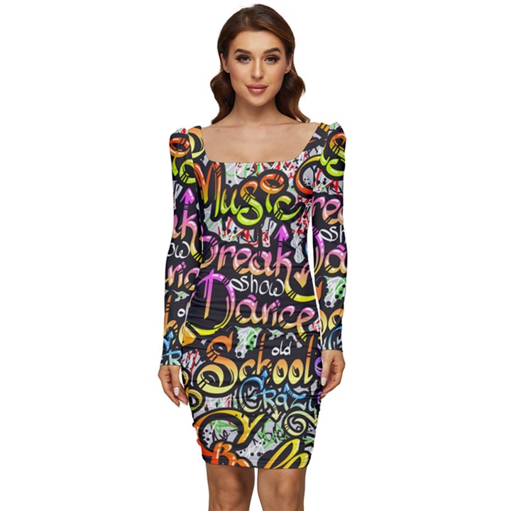 Graffiti Word Seamless Pattern Women Long Sleeve Ruched Stretch Jersey Dress