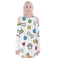 Dog Paw Seamless Pattern Foot Print Bone Velvet Long Sleeve Shoulder Cutout Dress by Simbadda