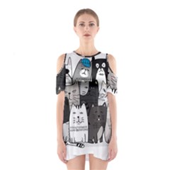 Cute Cat Hand Drawn Cartoon Style Shoulder Cutout One Piece Dress by Simbadda