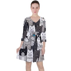 Cute Cat Hand Drawn Cartoon Style Quarter Sleeve Ruffle Waist Dress by Simbadda