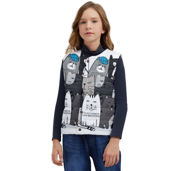 Cute Cat Hand Drawn Cartoon Style Kid s Button Up Puffer Vest	