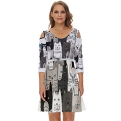 Cute Cat Hand Drawn Cartoon Style Shoulder Cut Out Zip Up Dress by Simbadda