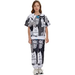 Cute Cat Hand Drawn Cartoon Style Kids  Tee And Pants Sports Set by Simbadda