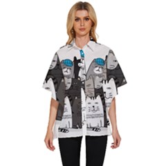 Cute Cat Hand Drawn Cartoon Style Women s Batwing Button Up Shirt