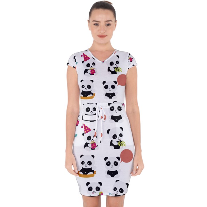 Playing Panda Cartoon Capsleeve Drawstring Dress 