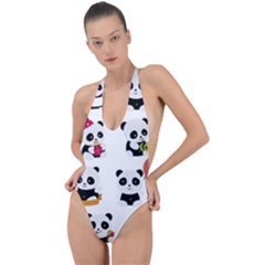 Playing Panda Cartoon Backless Halter One Piece Swimsuit by Simbadda