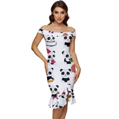 Playing Panda Cartoon Off Shoulder Ruffle Split Hem Bodycon Dress by Simbadda