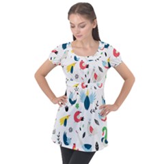 Vector Set Isolates With Cute Bird Scandinavian Style Puff Sleeve Tunic Top by Simbadda