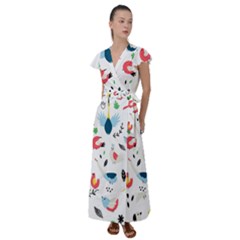 Vector Set Isolates With Cute Bird Scandinavian Style Flutter Sleeve Maxi Dress by Simbadda