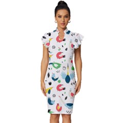 Vector Set Isolates With Cute Bird Scandinavian Style Vintage Frill Sleeve V-neck Bodycon Dress by Simbadda