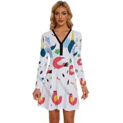 Vector Set Isolates With Cute Bird Scandinavian Style Long Sleeve Deep V Mini Dress  by Simbadda