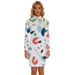 Vector Set Isolates With Cute Bird Scandinavian Style Long Sleeve Shirt Collar Bodycon Dress by Simbadda