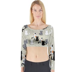 Cute Cat Seamless Pattern Long Sleeve Crop Top by Simbadda