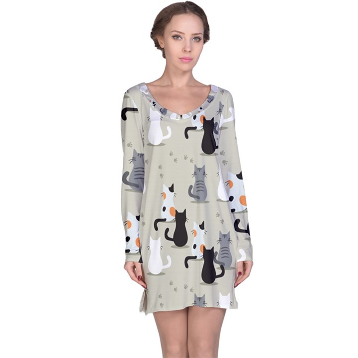 Cute Cat Seamless Pattern Long Sleeve Nightdress