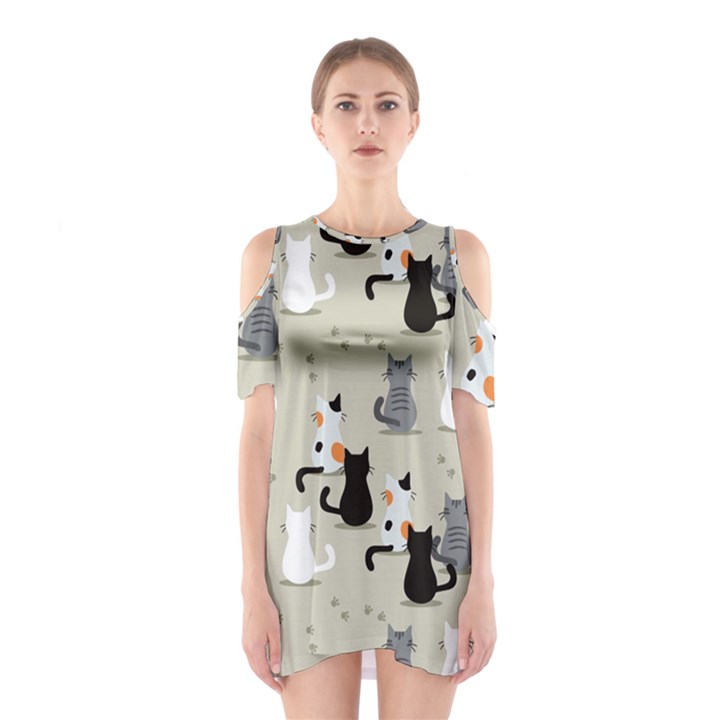 Cute Cat Seamless Pattern Shoulder Cutout One Piece Dress