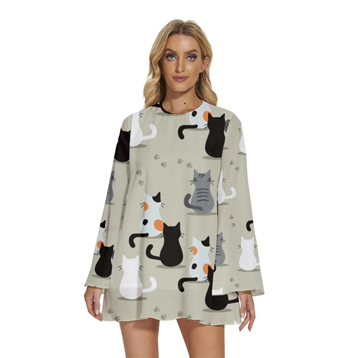 Cute Cat Seamless Pattern Round Neck Long Sleeve Bohemian Style Chiffon Mini Dress