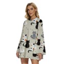 Cute Cat Seamless Pattern Round Neck Long Sleeve Bohemian Style Chiffon Mini Dress View2