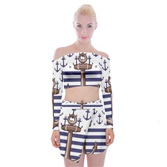 Anchor Background Design Off Shoulder Top With Mini Skirt Set by Simbadda