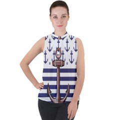 Anchor Background Design Mock Neck Chiffon Sleeveless Top by Simbadda