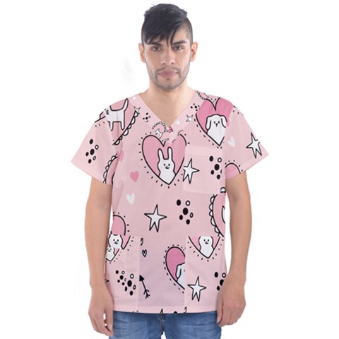 Cartoon Cute Valentines Day Doodle Heart Love Flower Seamless Pattern Vector Men s V-neck Scrub Top by Simbadda