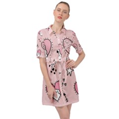 Cartoon Cute Valentines Day Doodle Heart Love Flower Seamless Pattern Vector Belted Shirt Dress by Simbadda