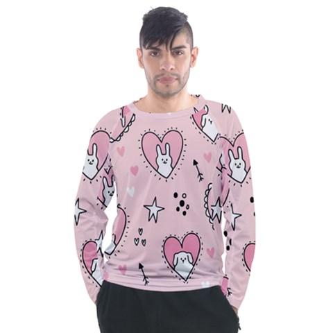 Cartoon Cute Valentines Day Doodle Heart Love Flower Seamless Pattern Vector Men s Long Sleeve Raglan Tee by Simbadda