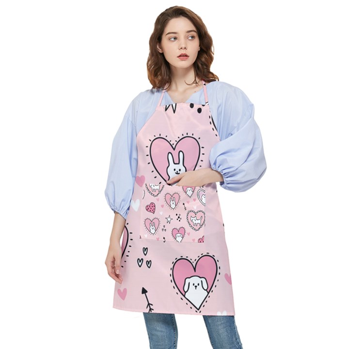 Cartoon Cute Valentines Day Doodle Heart Love Flower Seamless Pattern Vector Pocket Apron