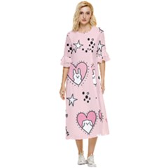 Cartoon Cute Valentines Day Doodle Heart Love Flower Seamless Pattern Vector Double Cuff Midi Dress by Simbadda