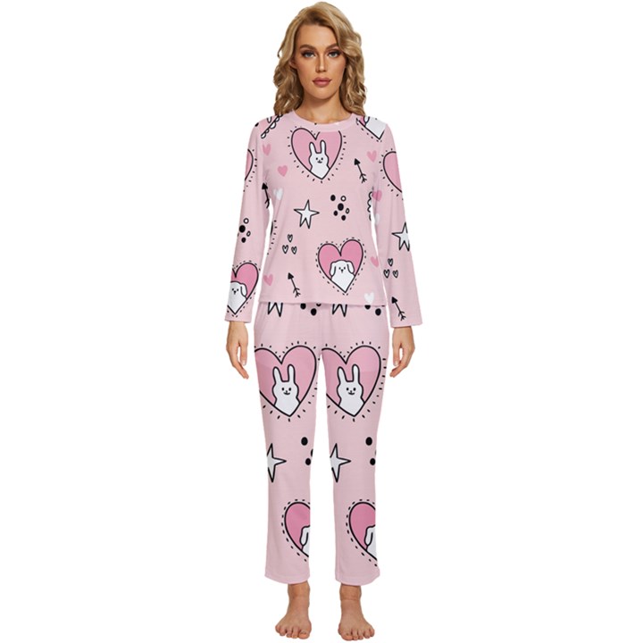 Cartoon Cute Valentines Day Doodle Heart Love Flower Seamless Pattern Vector Womens  Long Sleeve Lightweight Pajamas Set