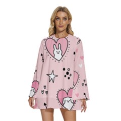 Cartoon Cute Valentines Day Doodle Heart Love Flower Seamless Pattern Vector Round Neck Long Sleeve Bohemian Style Chiffon Mini Dress by Simbadda