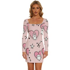 Cartoon Cute Valentines Day Doodle Heart Love Flower Seamless Pattern Vector Long Sleeve Square Neck Bodycon Velvet Dress by Simbadda